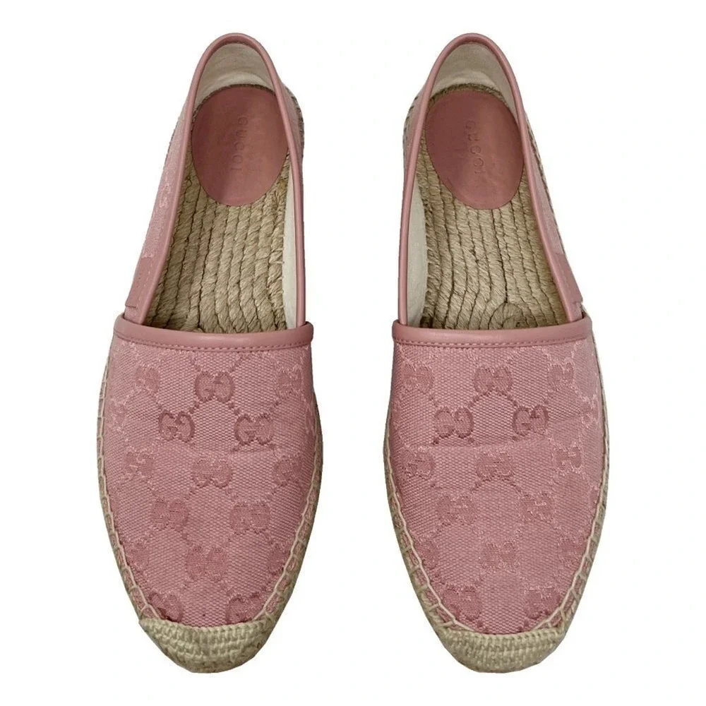 Gucci Pink GG Canvas‎ Espadrille Flats Slip On Shoes 37.5